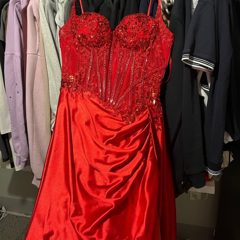 Glamorous Scarlet Prom Dress with Beaded Bodice